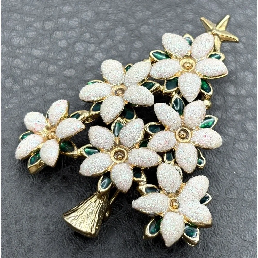 Vintage Unsigned Lia Lalique Flowers Tree Brooch Christmas Glitter Book Piece